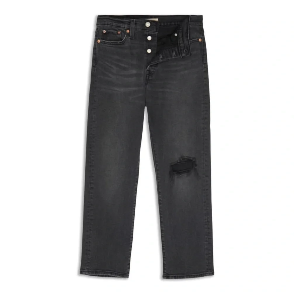 LEVI’S Wedgie Straight Black Distressed Button Fly Jeans | 27 x 28